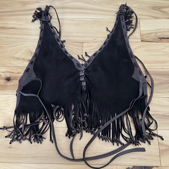 Handmade Genuine Leather Halter Top Bead Tassle Fringe Biker Chasing Unicorns S - Picture 4 of 8